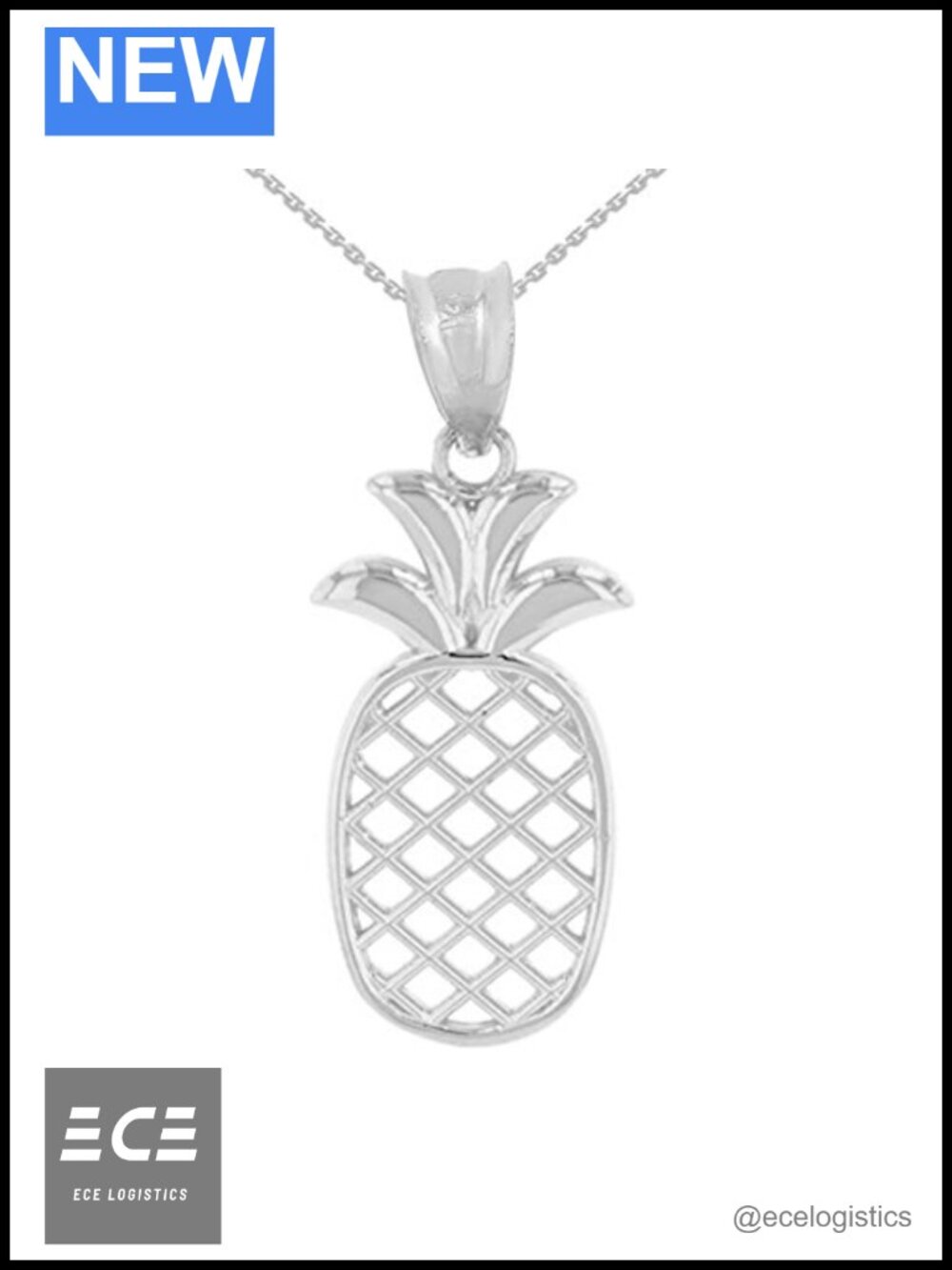 925 Sterling Silver Pineapple Pendant Necklace 22" Rolo Chain